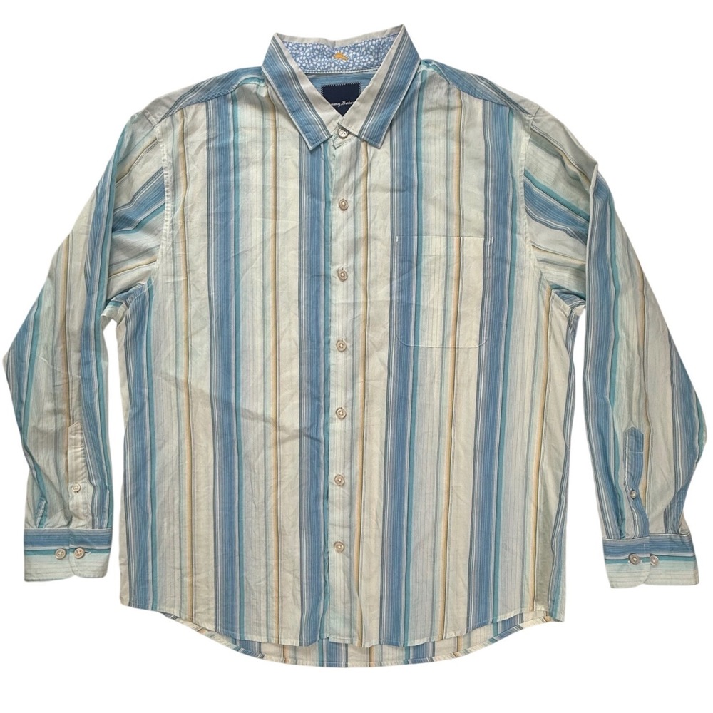 Tommy Bahama Mens XL Blue Striped Pima Cotton Long Sleeve Button Down Shirt